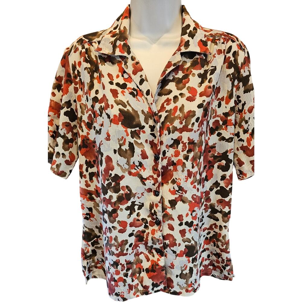 Donnkenny sz M vintage paint splatter short sleeve chiffon button up casual